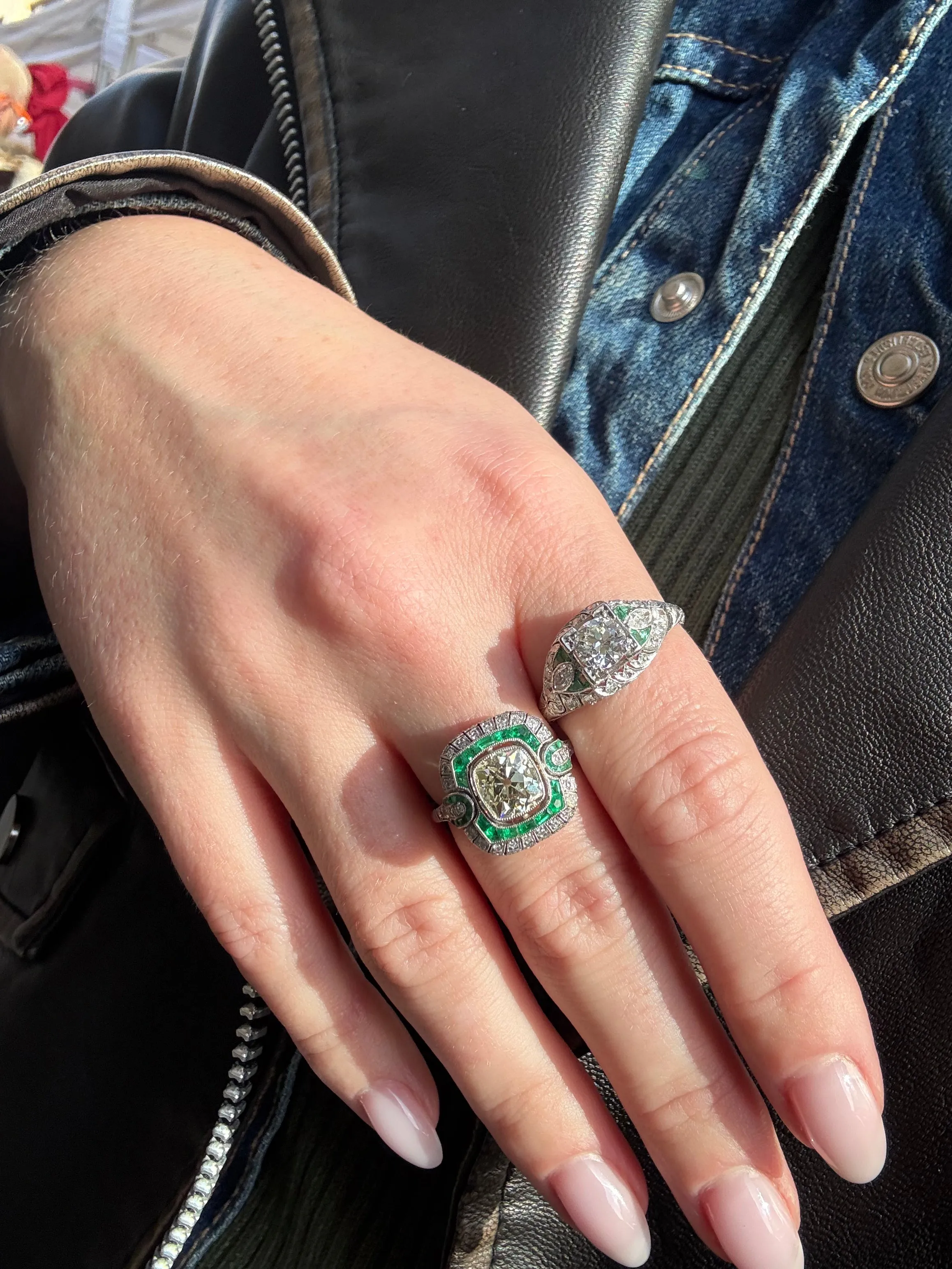 Art Deco 1.87ct Diamond & Emerald Ring, Platinum