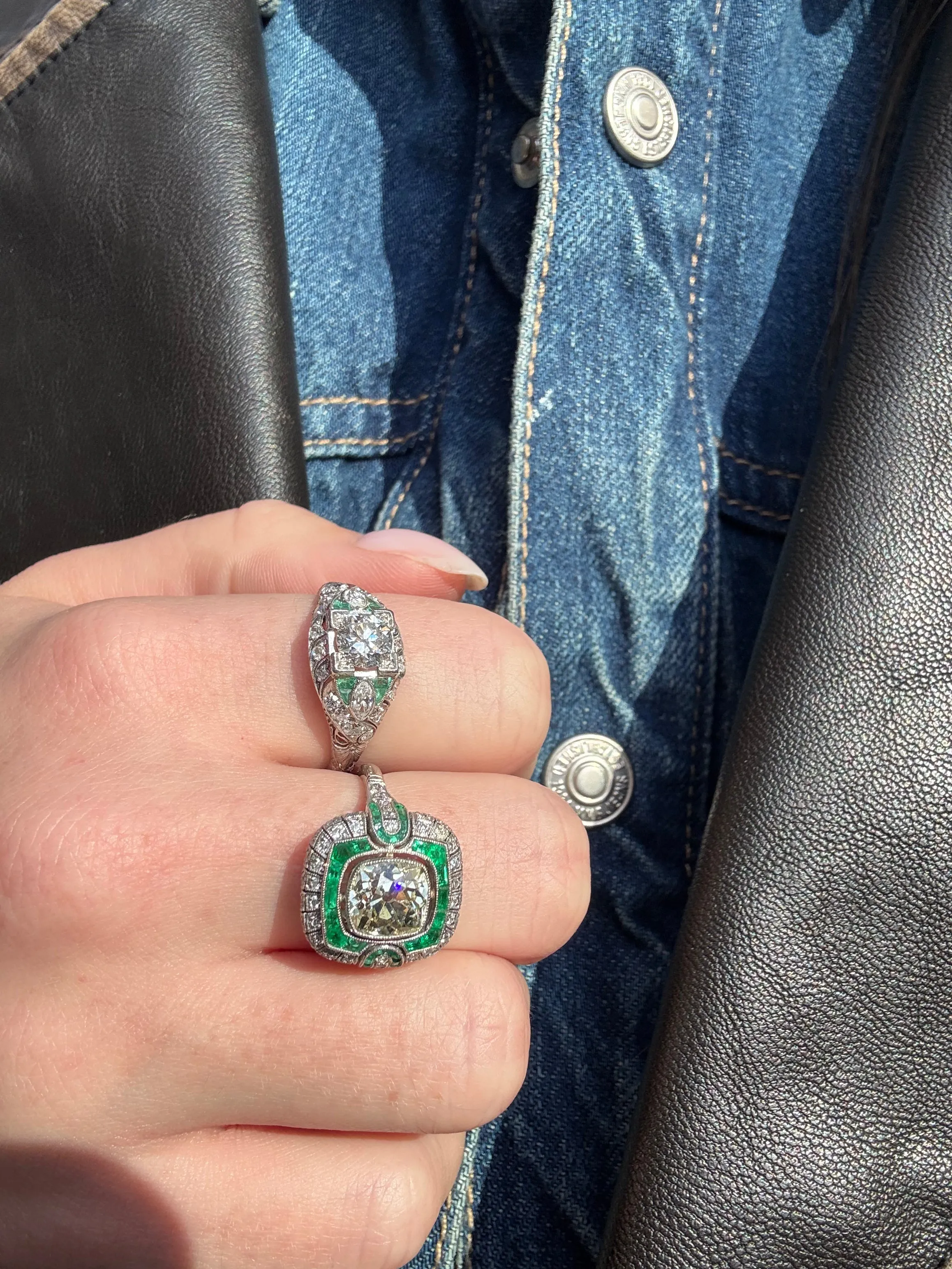 Art Deco 1.87ct Diamond & Emerald Ring, Platinum
