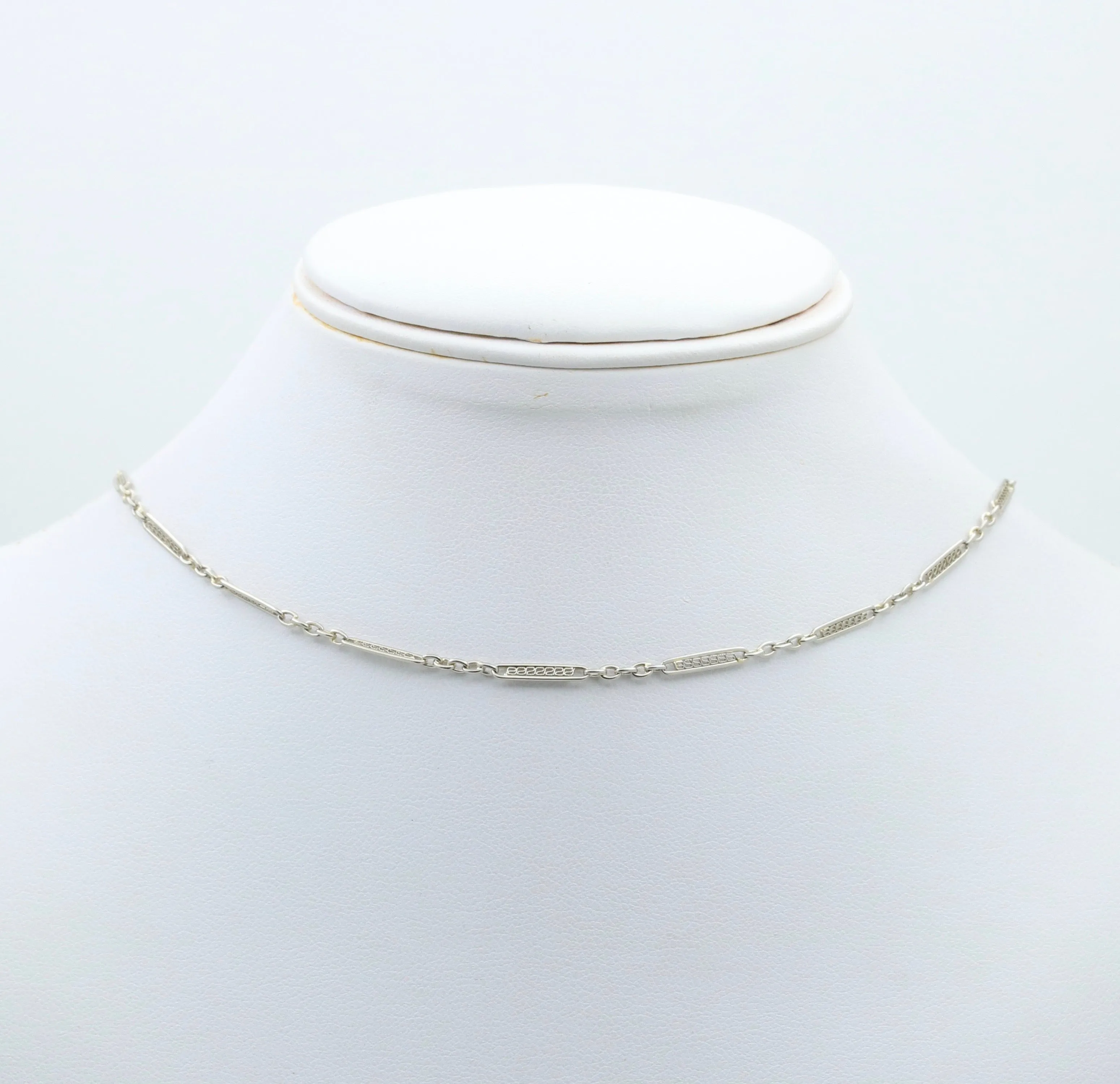 Art Deco 18K White Gold Filigree Bar Link Watch Chain, 14.5” Long