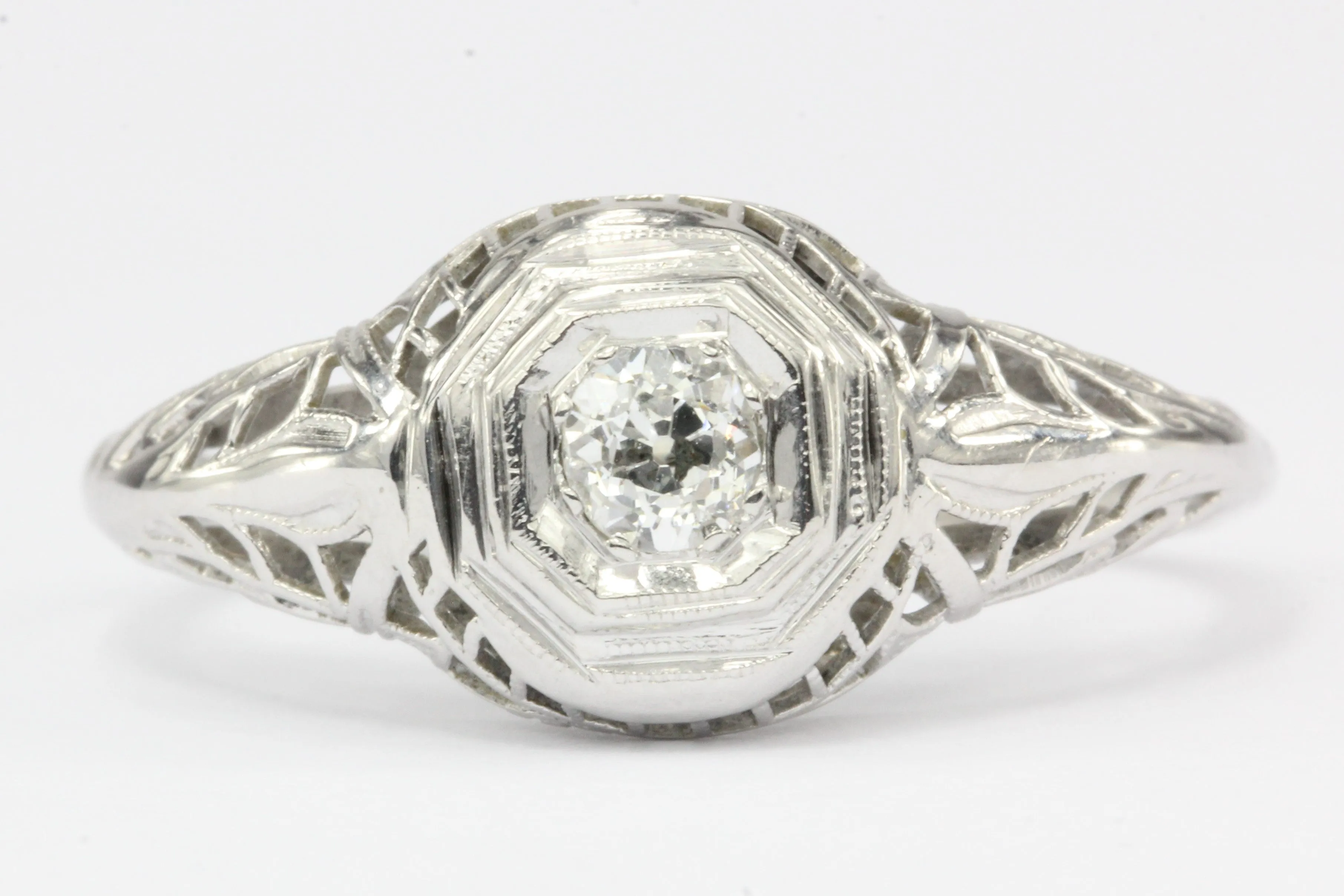 Art Deco 18K White Gold Old European Cut Diamond Engagement Ring c. 1920's