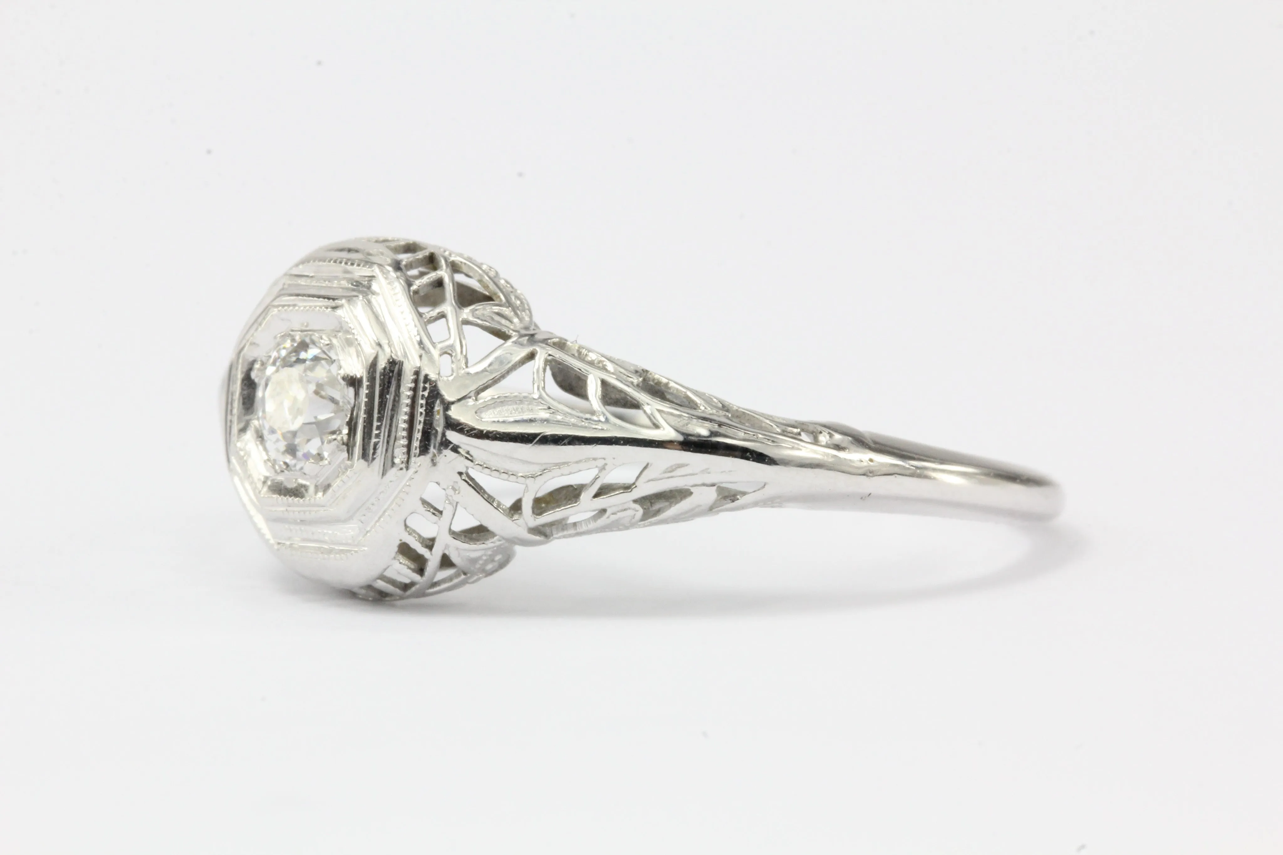 Art Deco 18K White Gold Old European Cut Diamond Engagement Ring c. 1920's