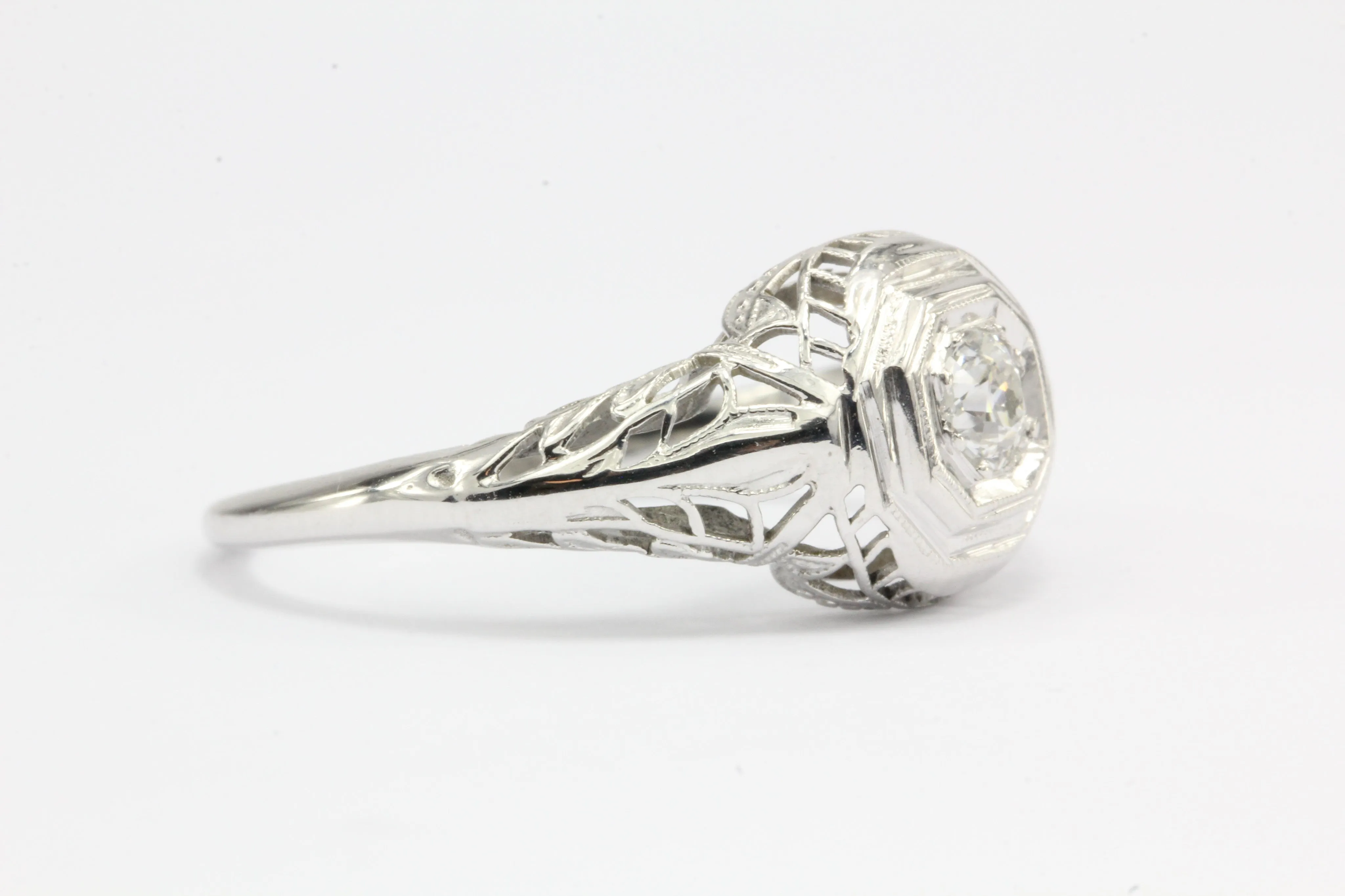 Art Deco 18K White Gold Old European Cut Diamond Engagement Ring c. 1920's