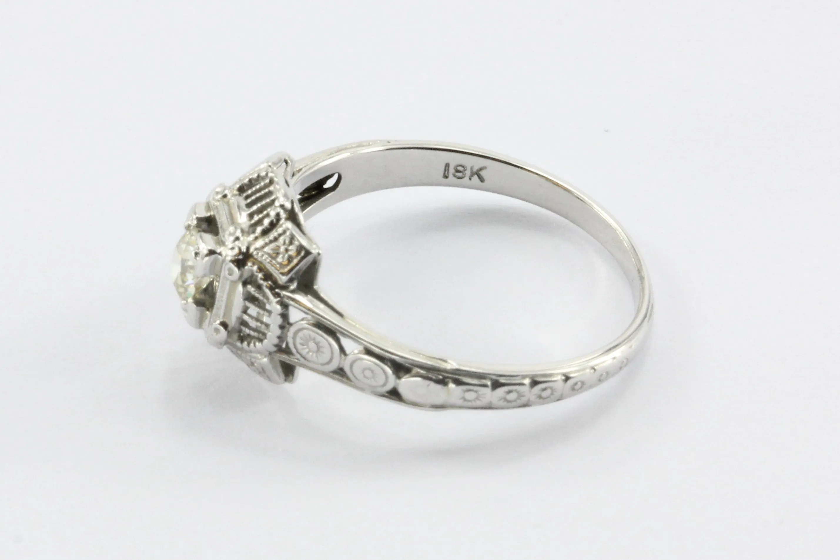 Art Deco 18K White Gold Old European Cut Diamond Ring