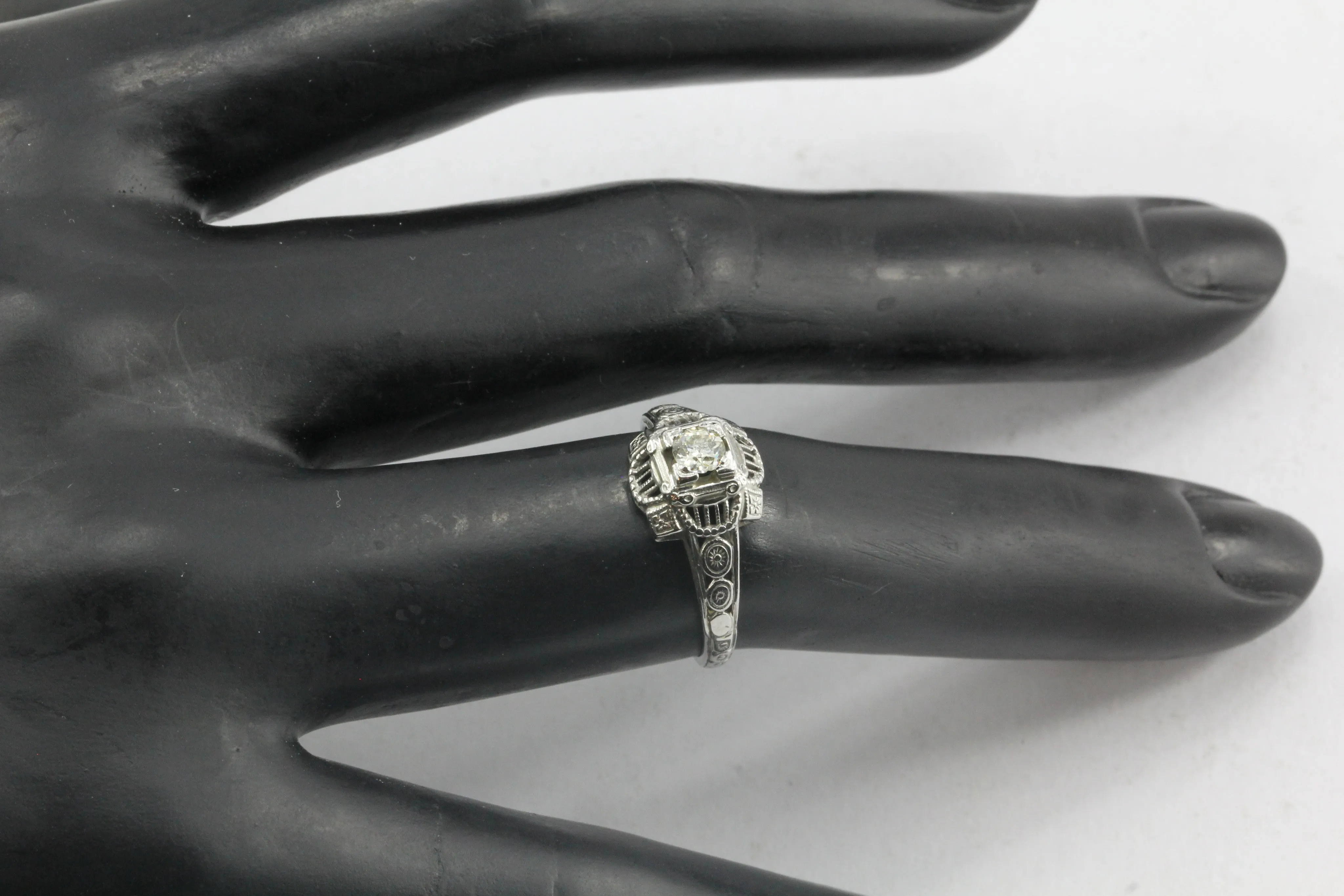 Art Deco 18K White Gold Old European Cut Diamond Ring