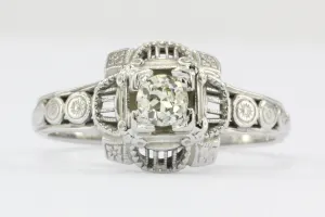 Art Deco 18K White Gold Old European Cut Diamond Ring