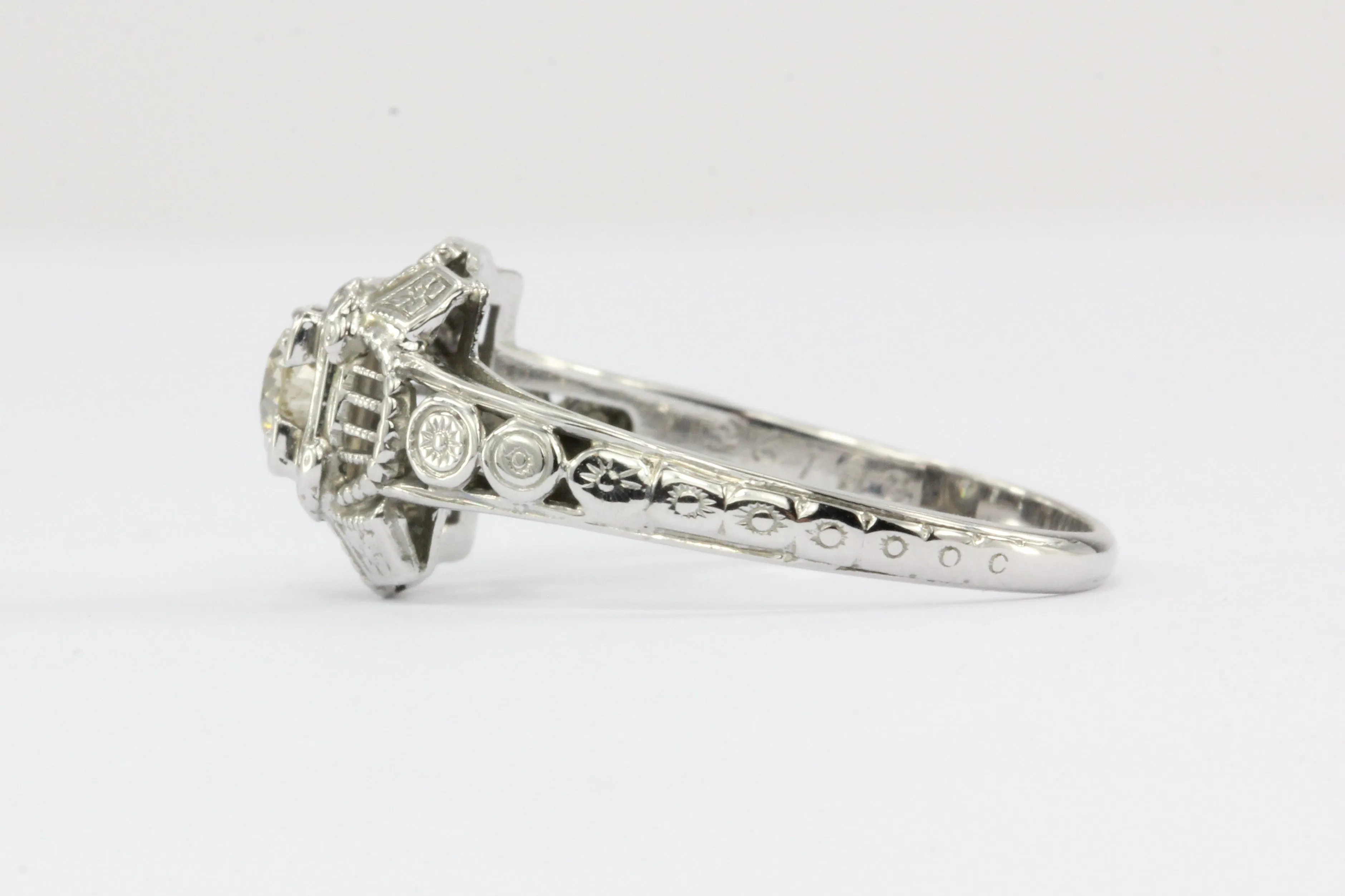 Art Deco 18K White Gold Old European Cut Diamond Ring