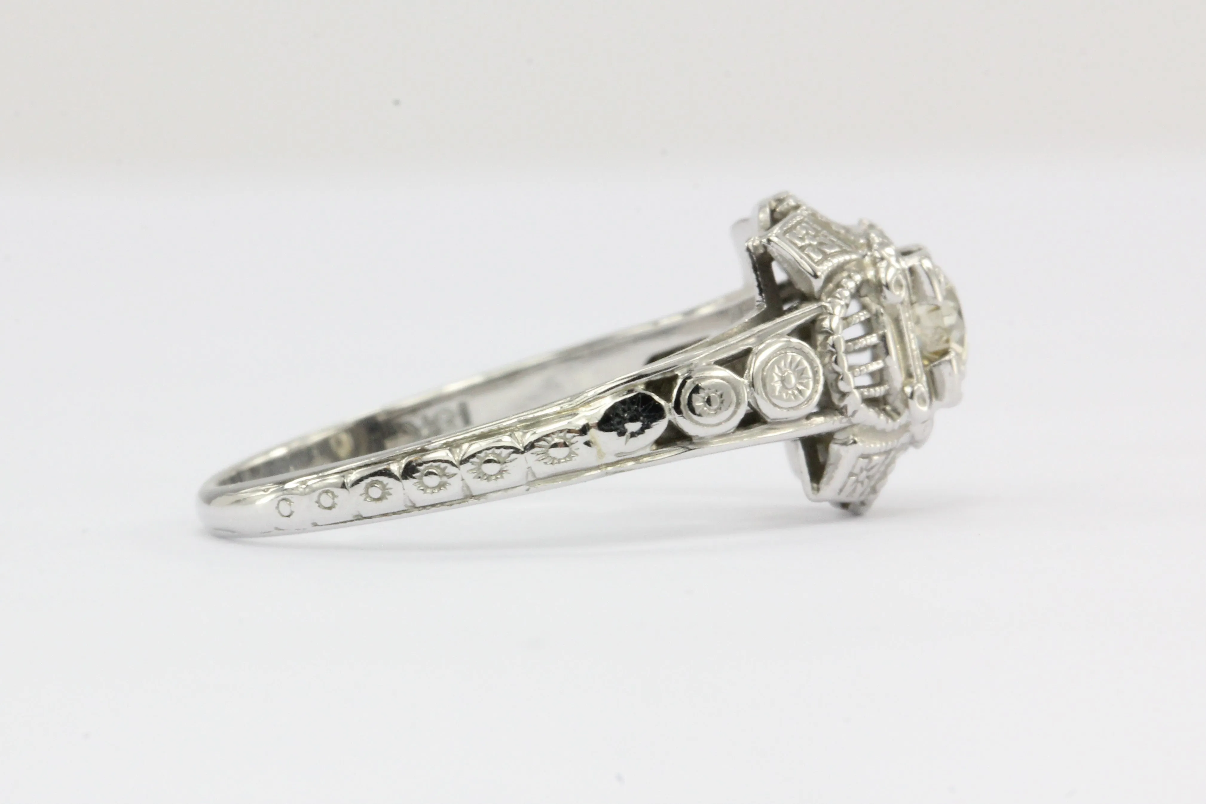 Art Deco 18K White Gold Old European Cut Diamond Ring