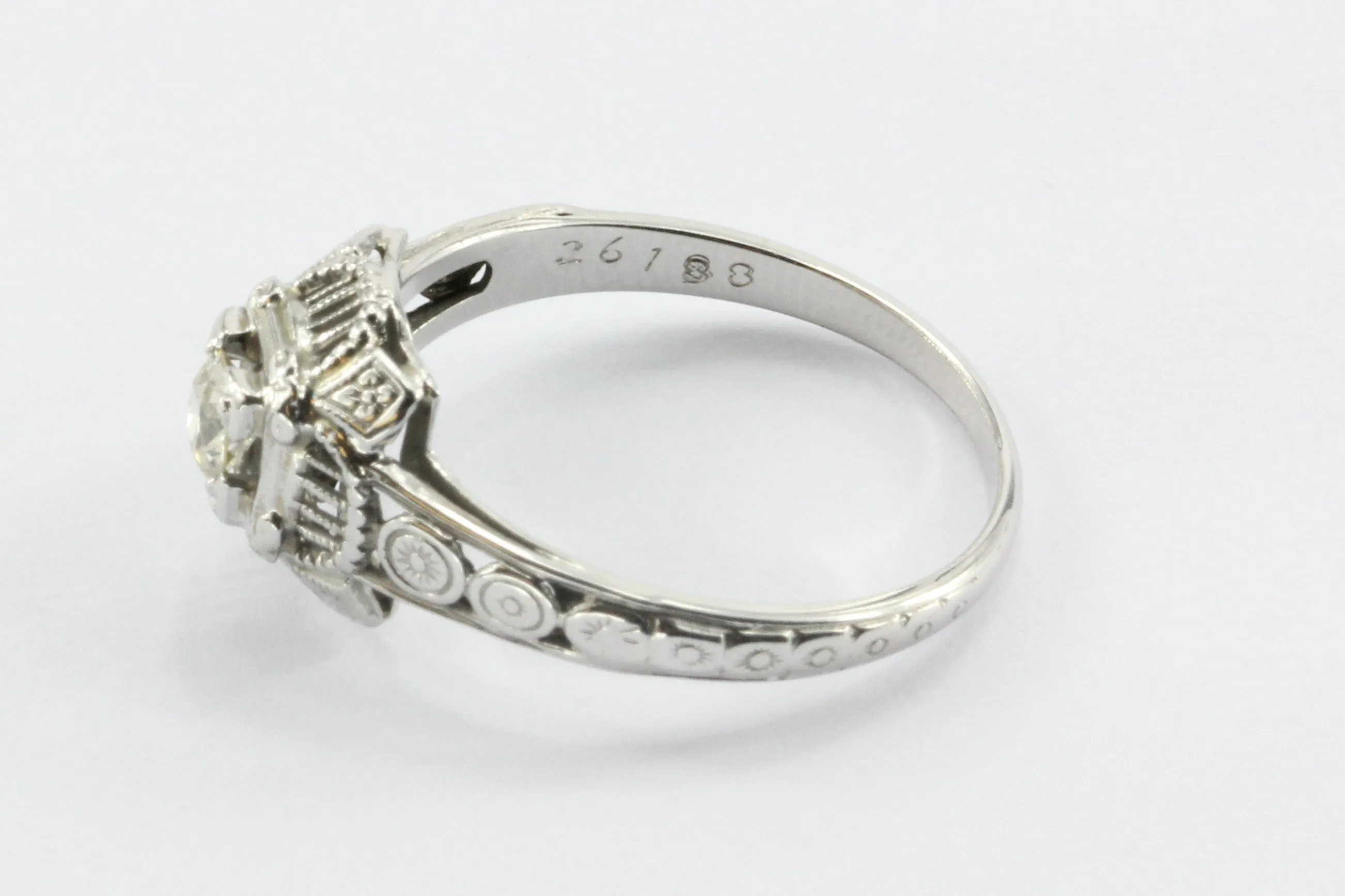 Art Deco 18K White Gold Old European Cut Diamond Ring