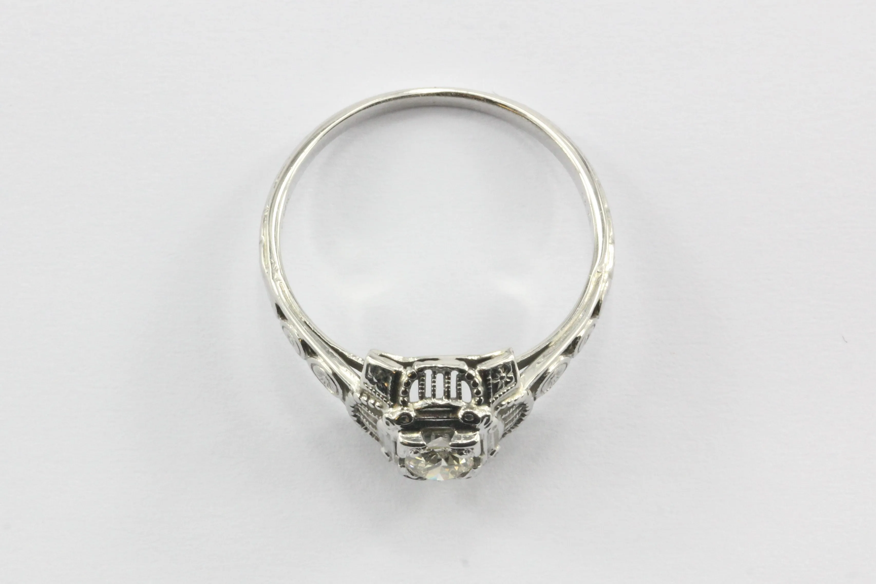 Art Deco 18K White Gold Old European Cut Diamond Ring