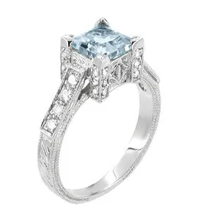 Art Deco 3/4 Carat Princess Cut Aquamarine Castle Engagement Ring in 18K White Gold with Diamonds