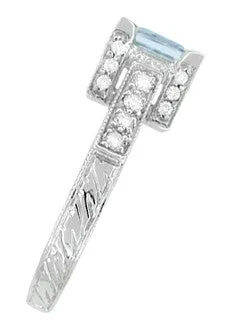 Art Deco 3/4 Carat Princess Cut Aquamarine Castle Engagement Ring in 18K White Gold with Diamonds