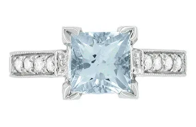 Art Deco 3/4 Carat Princess Cut Aquamarine Castle Engagement Ring in 18K White Gold with Diamonds