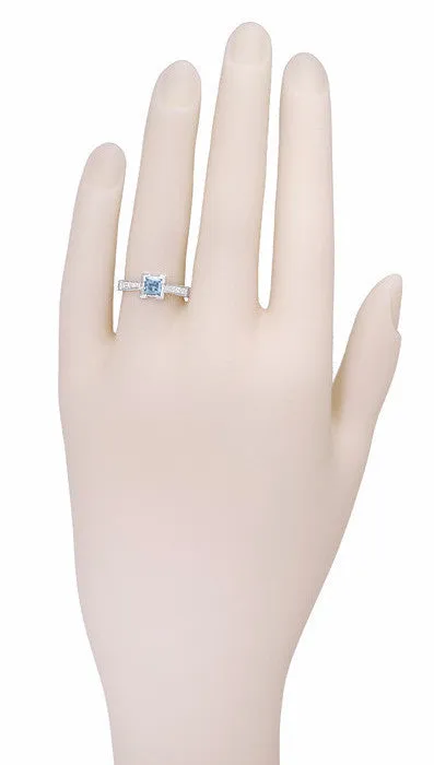 Art Deco 3/4 Carat Princess Cut Aquamarine Castle Engagement Ring in 18K White Gold with Diamonds
