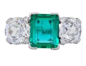 Art Deco 4.87 CTW Colombian Emerald Diamond Platinum Ring AGL