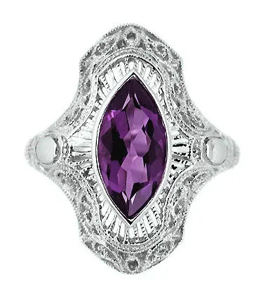 Art Deco Amethyst Filigree Cocktail Ring in 14 Karat White Gold
