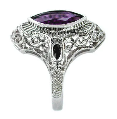 Art Deco Amethyst Filigree Cocktail Ring in 14 Karat White Gold