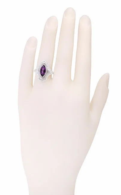 Art Deco Amethyst Filigree Cocktail Ring in 14 Karat White Gold