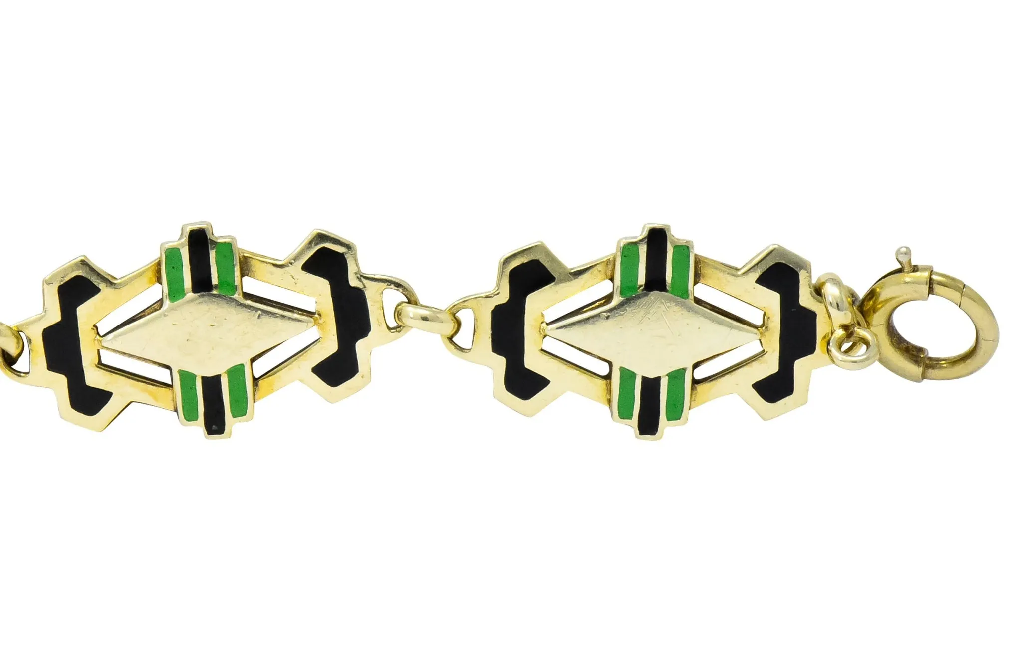 Art Deco Black & Green Enamel 14 Karat Gold Link Bracelet