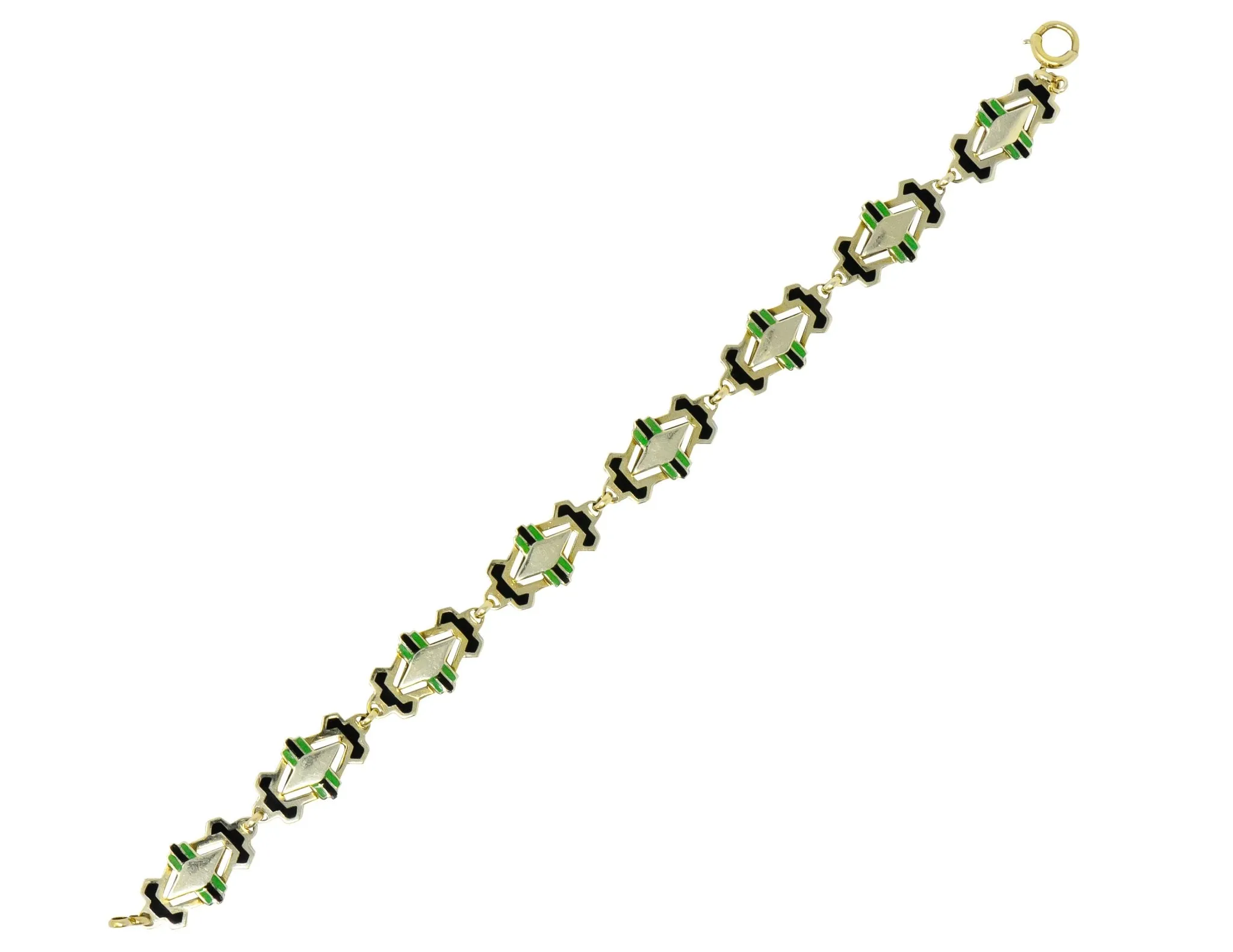 Art Deco Black & Green Enamel 14 Karat Gold Link Bracelet