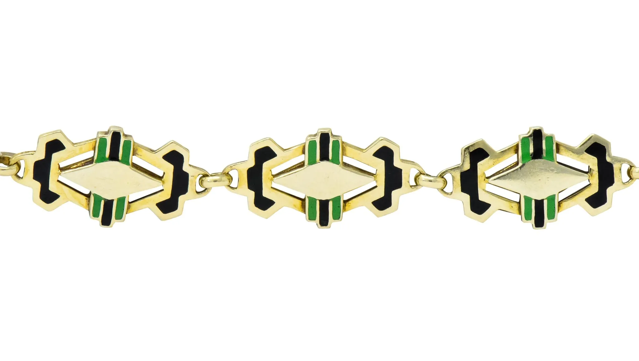 Art Deco Black & Green Enamel 14 Karat Gold Link Bracelet