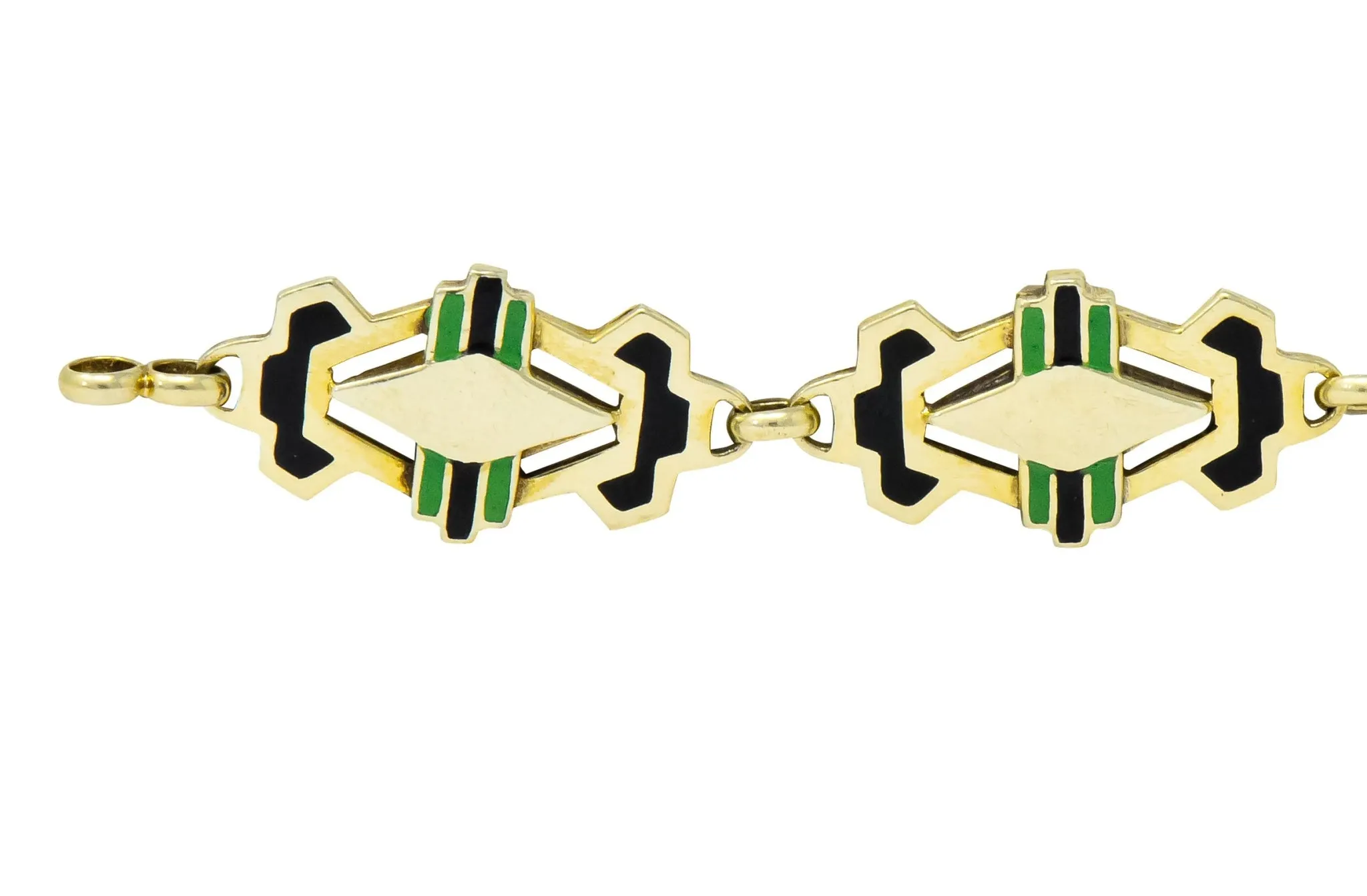 Art Deco Black & Green Enamel 14 Karat Gold Link Bracelet