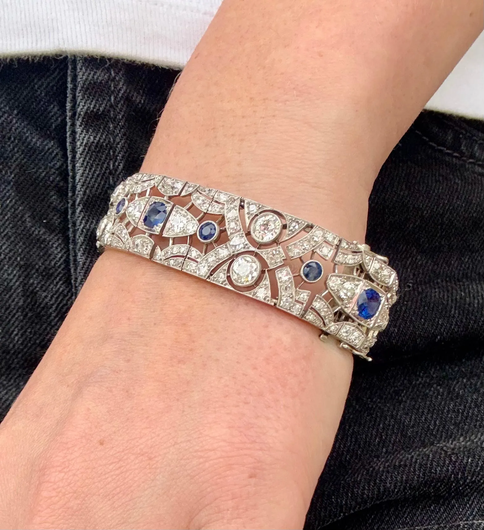 Art Deco Blue Sapphire & Diamond Bracelet, Platinum