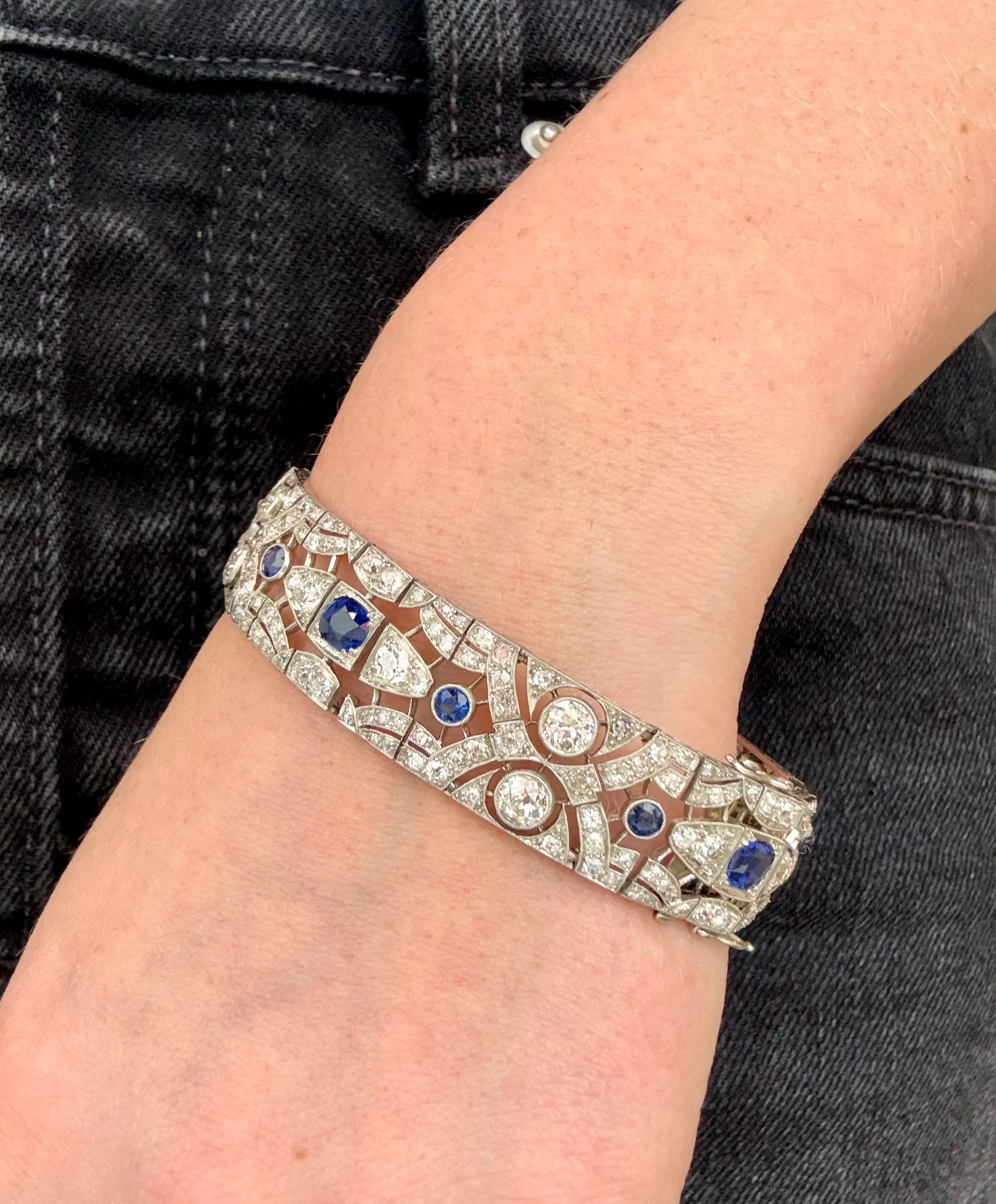 Art Deco Blue Sapphire & Diamond Bracelet, Platinum
