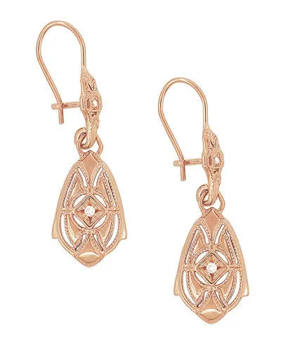 Art Deco Dangling Sterling Silver Diamond Filigree Earrings with Rose Gold Vermeil