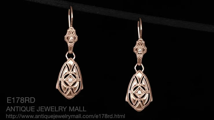 Art Deco Dangling Sterling Silver Diamond Filigree Earrings with Rose Gold Vermeil