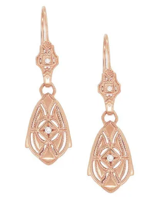 Art Deco Dangling Sterling Silver Diamond Filigree Earrings with Rose Gold Vermeil