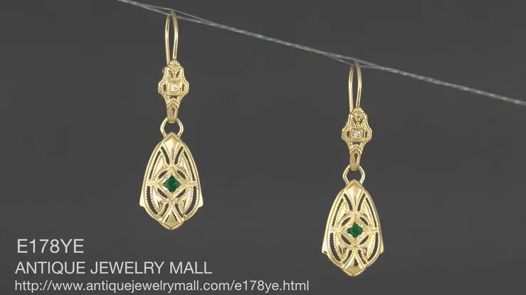 Art Deco Dangling Sterling Silver Emerald and Diamond Filigree Earrings with Yellow Gold Vermeil