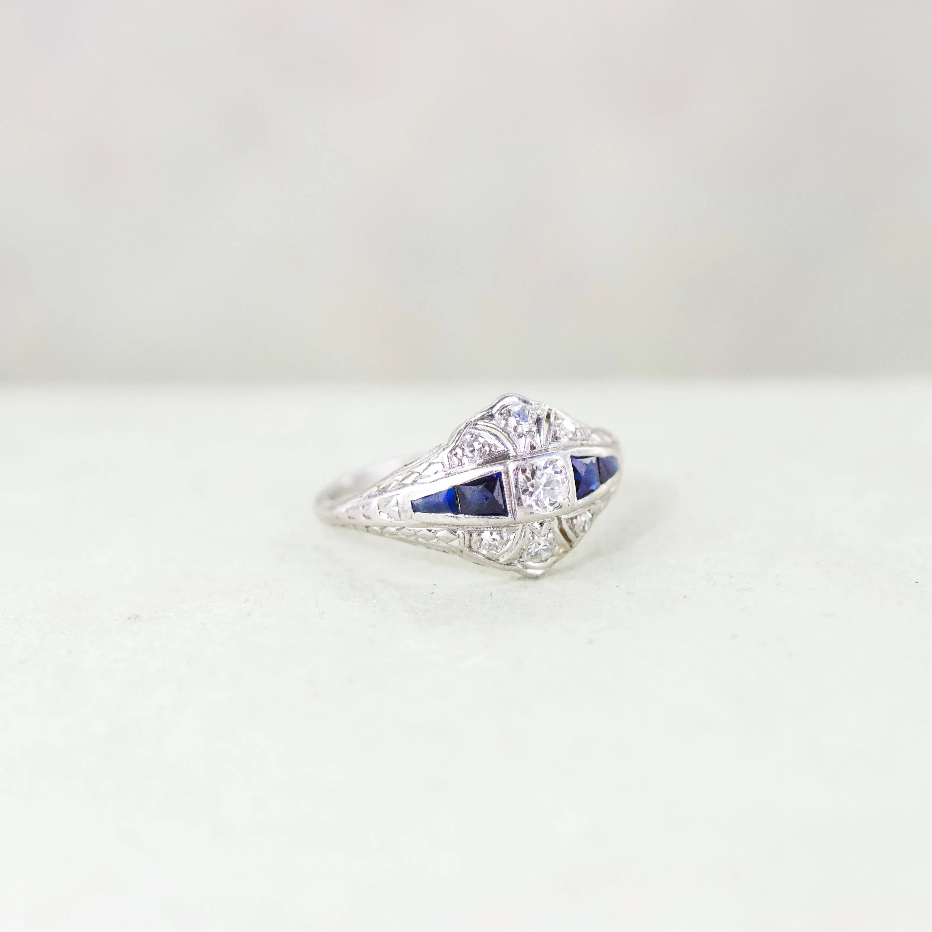 Art Deco Diamond & Sapphire Ring, Platinum