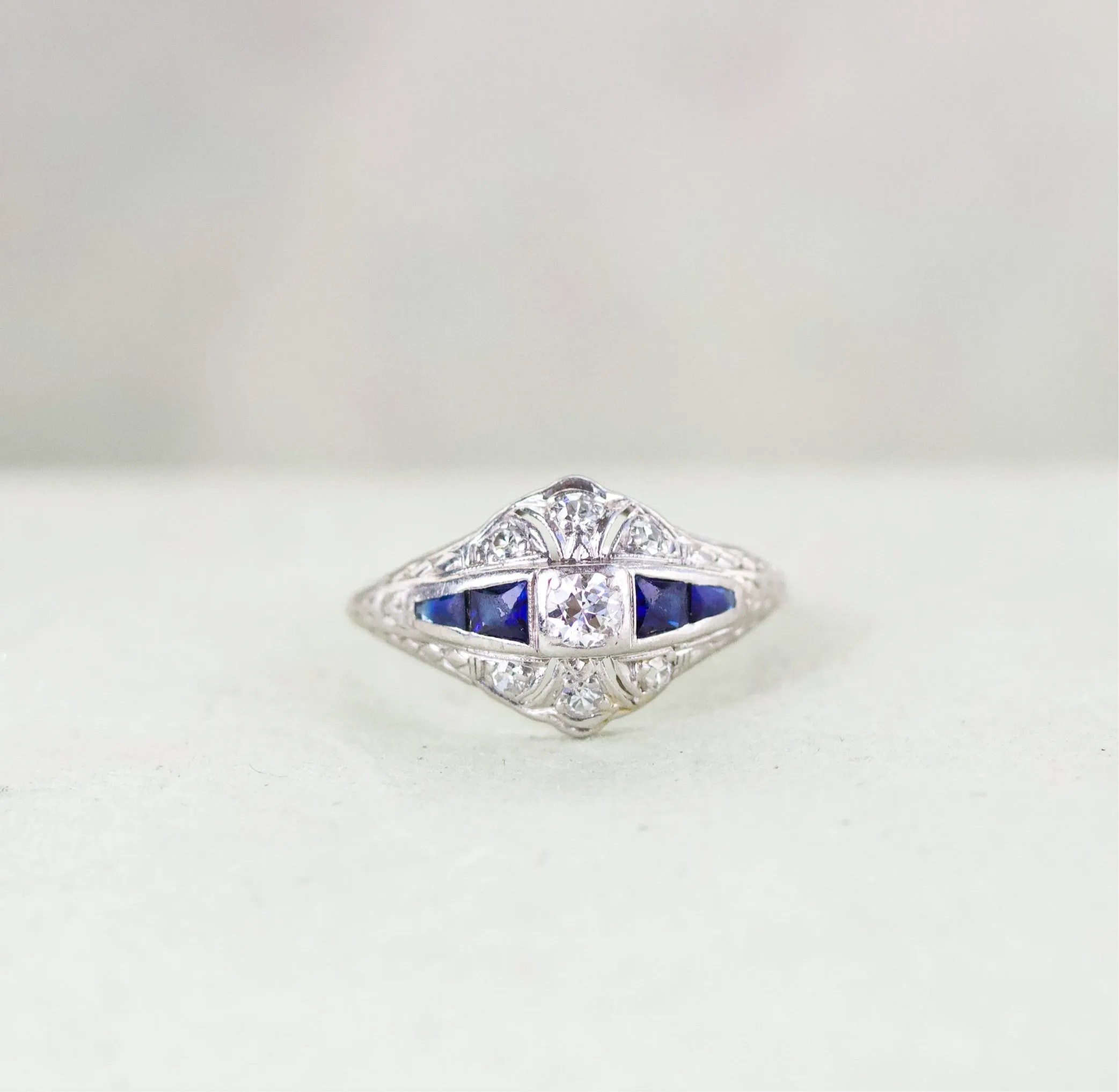 Art Deco Diamond & Sapphire Ring, Platinum