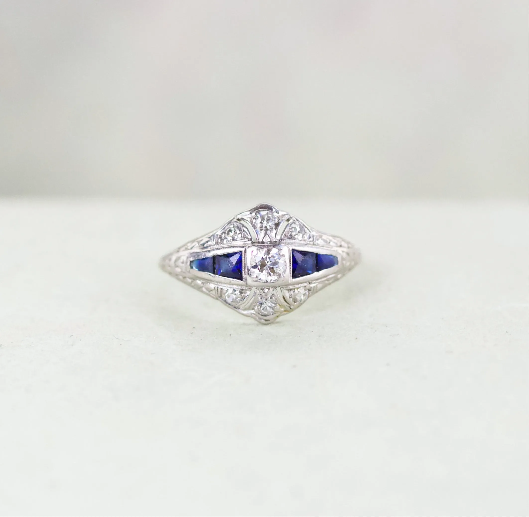 Art Deco Diamond & Sapphire Ring, Platinum