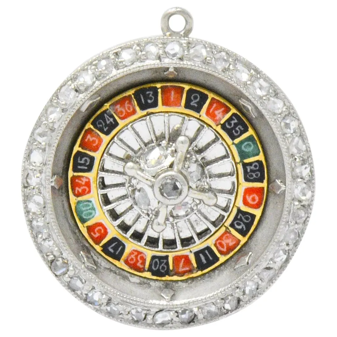 Art Deco Diamond Enamel Gold Platinum Roulette Charm