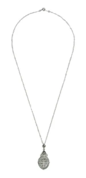 Art Deco Diamond Filigree Pendant Necklace in Sterling Silver