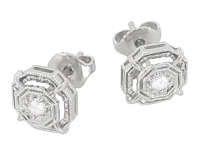 Art Deco Diamond Stud Earrings in 18 Karat White Gold