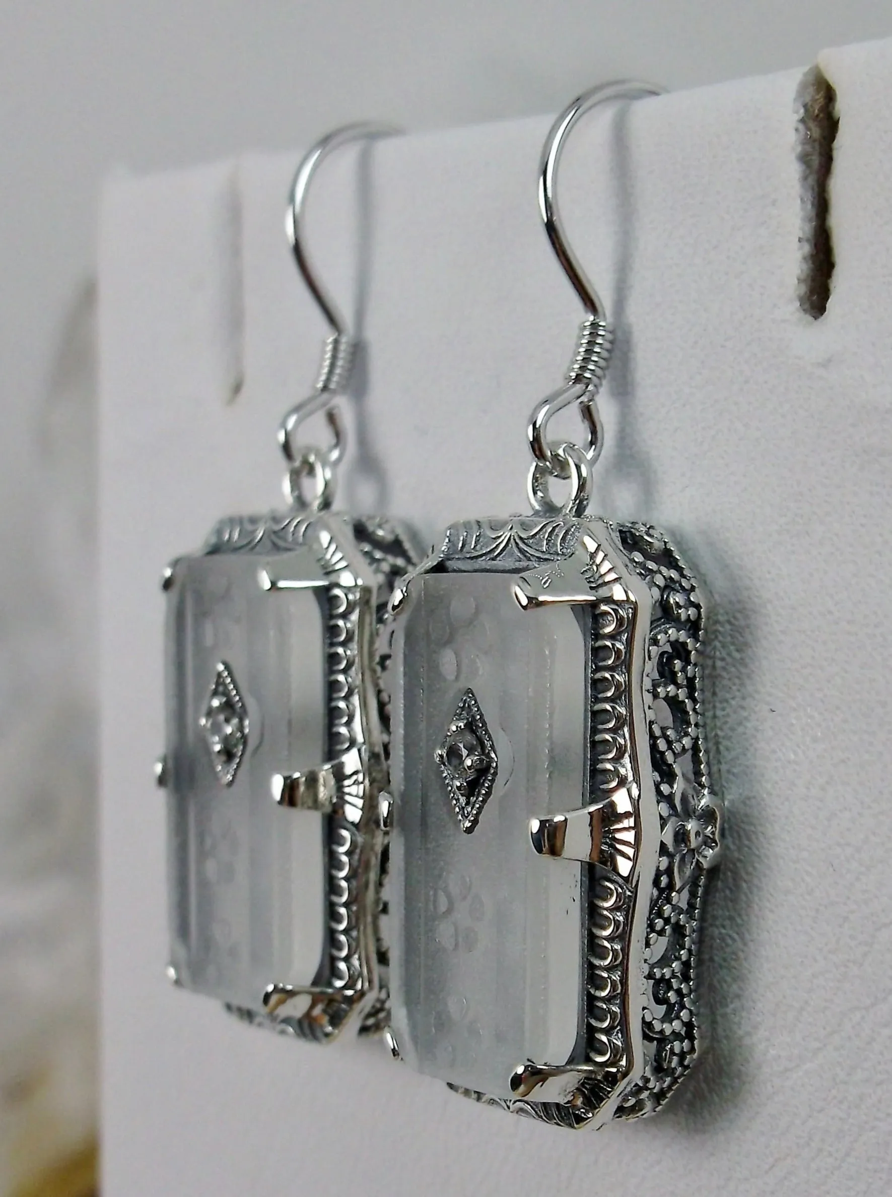 Art Deco Earrings, White Frosted Camphor Glass Jewelry #E232