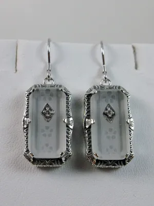 Art Deco Earrings, White Frosted Camphor Glass Jewelry #E232