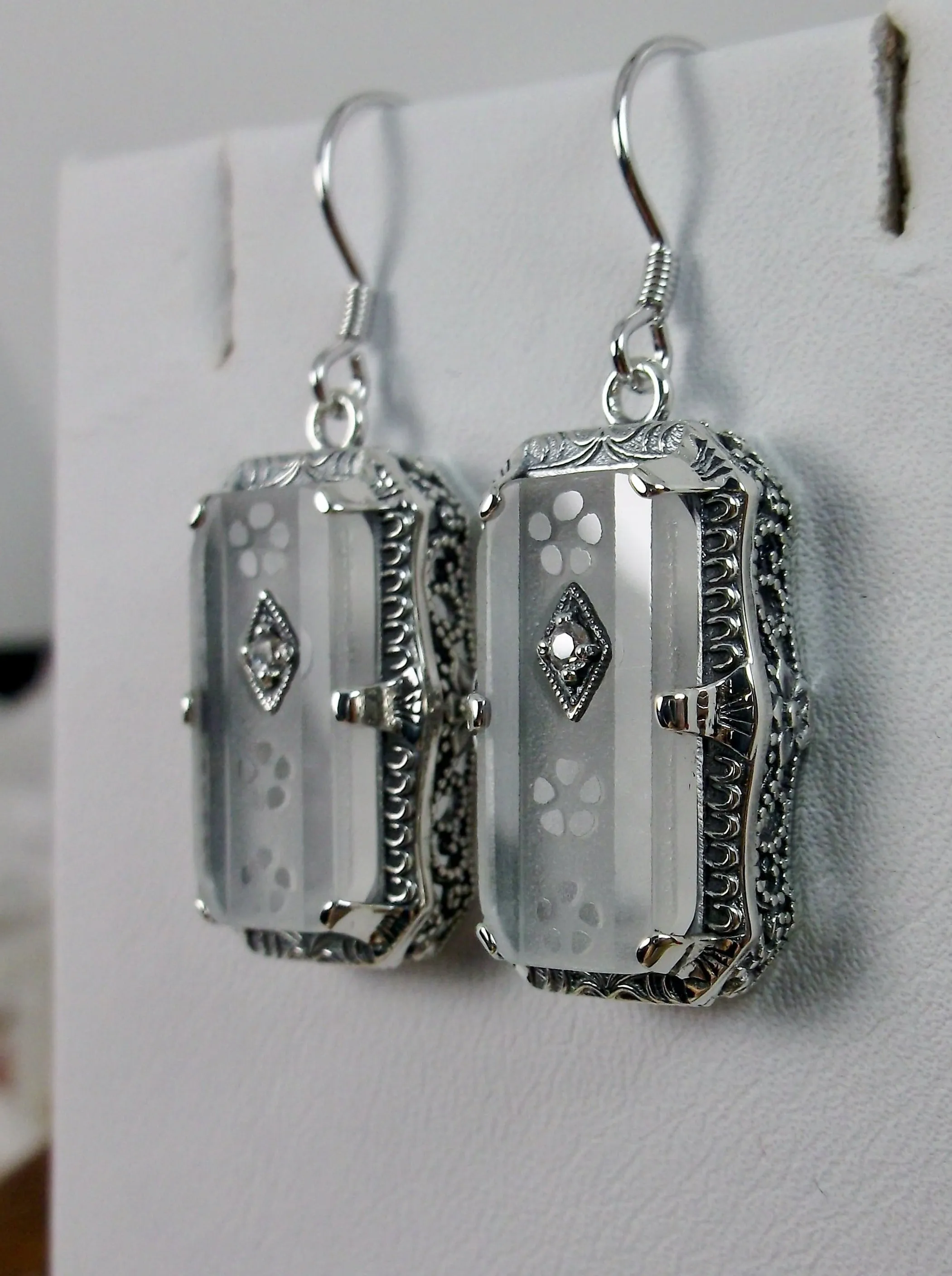 Art Deco Earrings, White Frosted Camphor Glass Jewelry #E232
