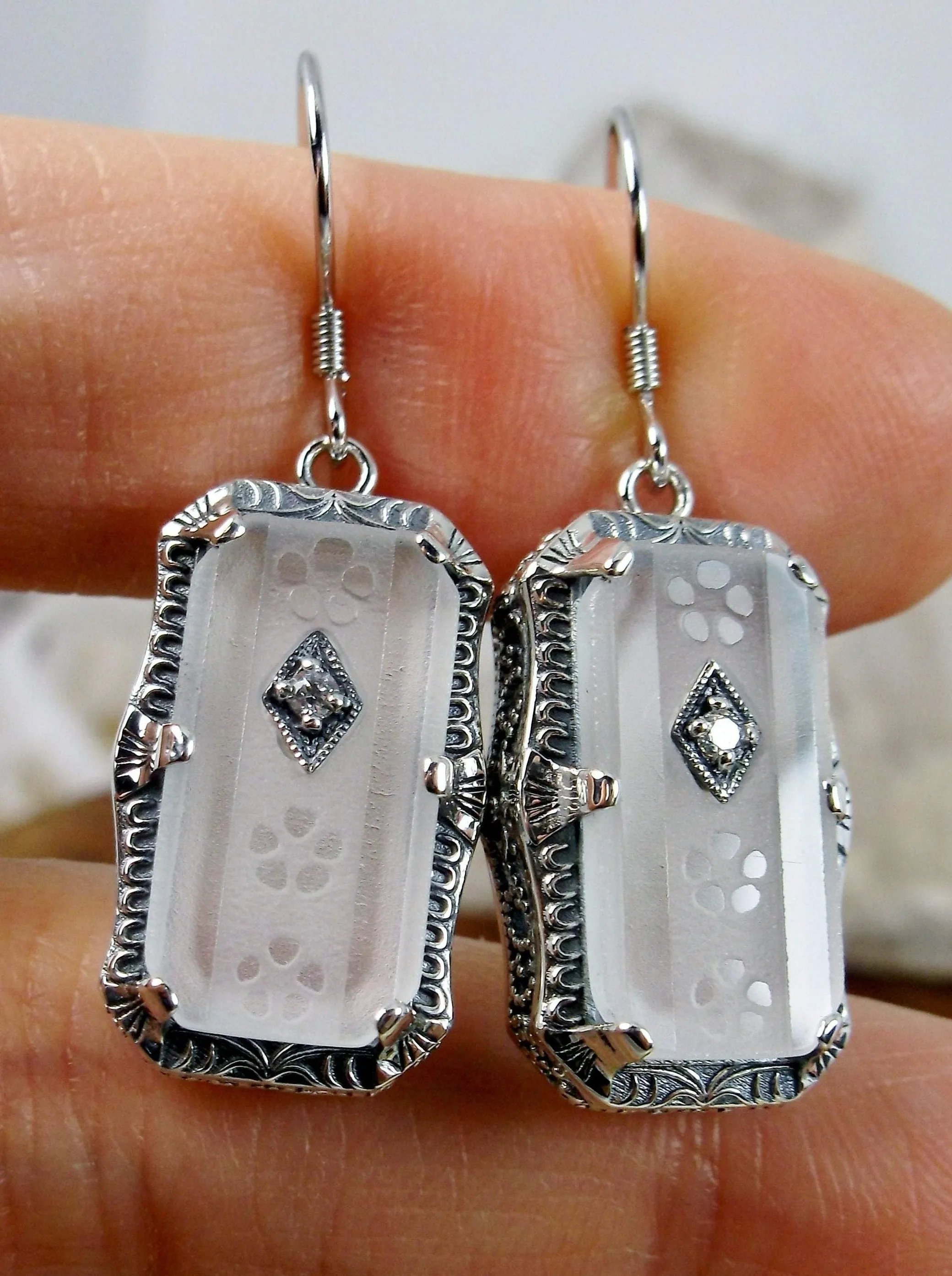 Art Deco Earrings, White Frosted Camphor Glass Jewelry #E232