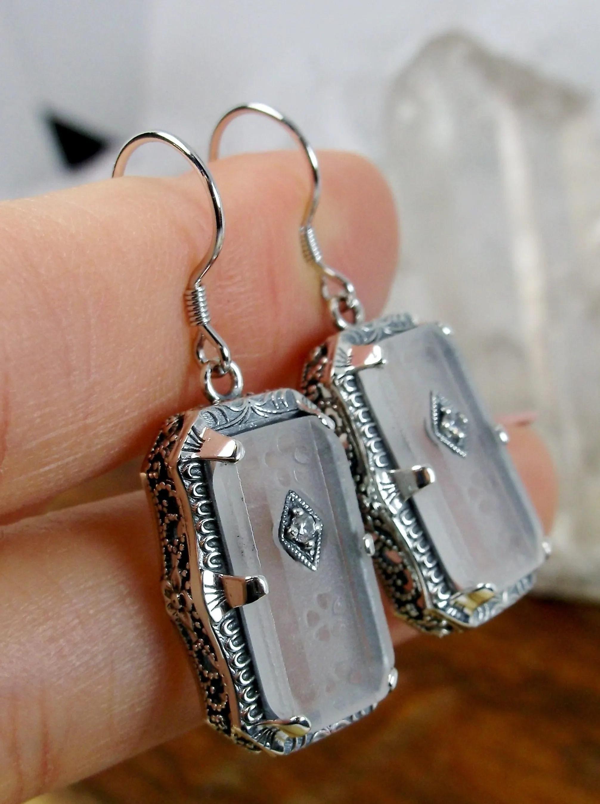 Art Deco Earrings, White Frosted Camphor Glass Jewelry #E232
