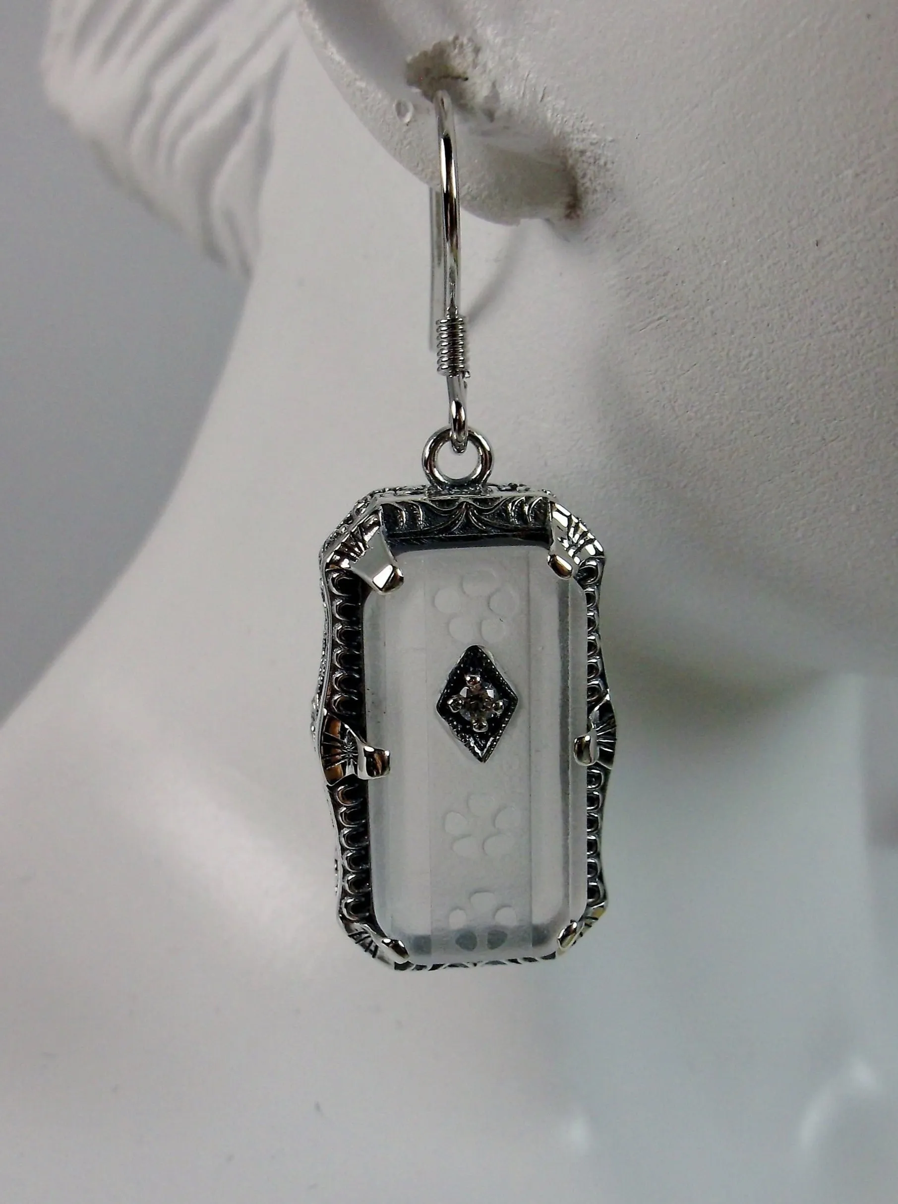 Art Deco Earrings, White Frosted Camphor Glass Jewelry #E232