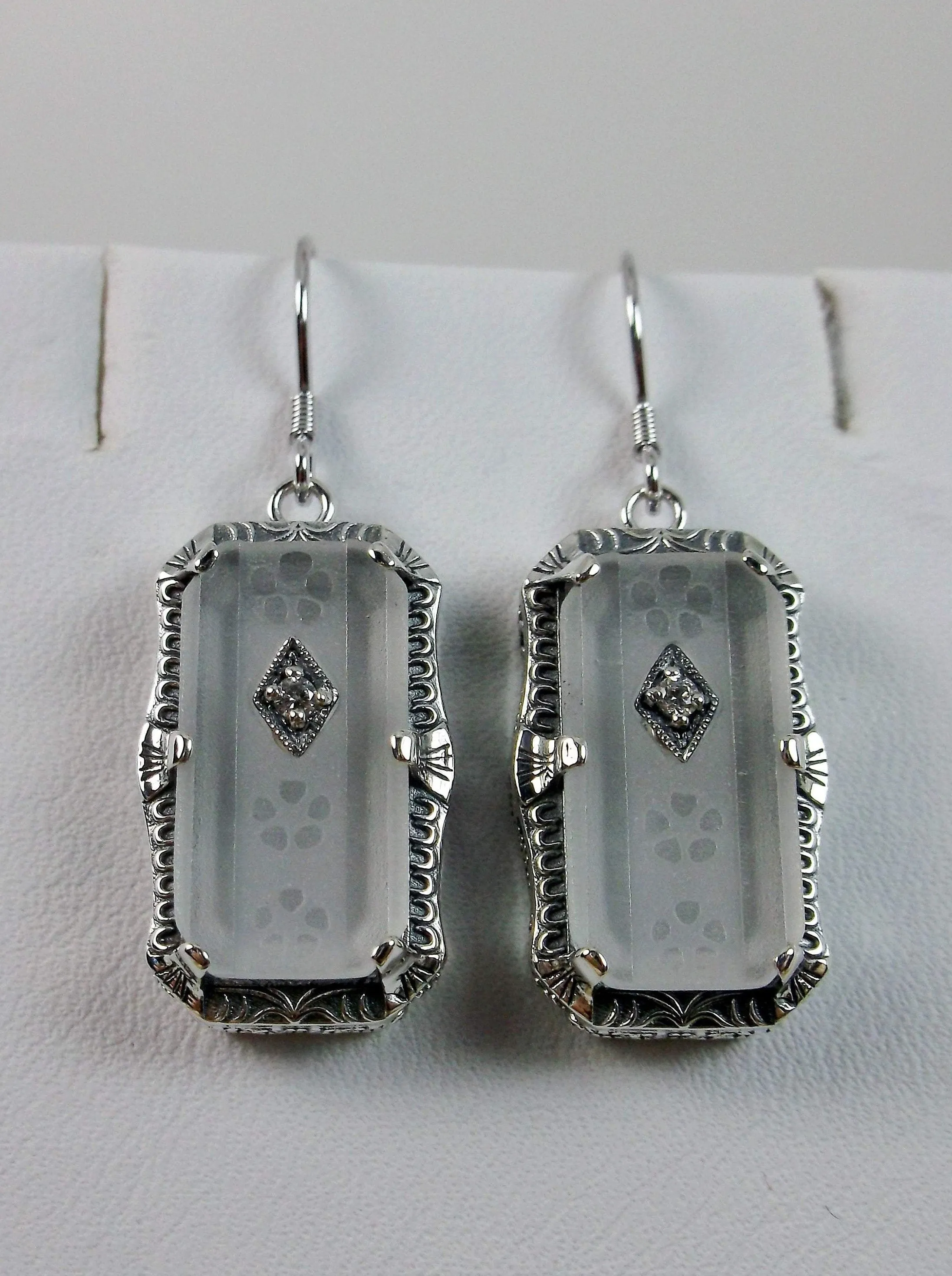 Art Deco Earrings, White Frosted Camphor Glass Jewelry #E232