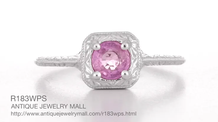 Art Deco Engraved 1920's Square Top Filigree Pink Sapphire Engagement Ring in 14 Karat White Gold