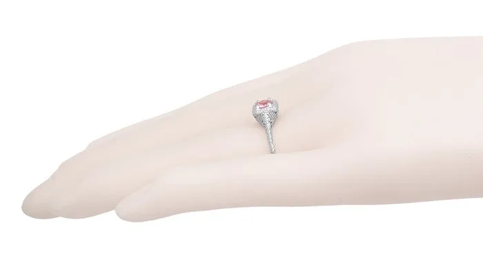 Art Deco Engraved 1920's Square Top Filigree Pink Sapphire Engagement Ring in 14 Karat White Gold