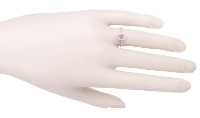Art Deco Engraved 1920's Square Top Filigree Pink Sapphire Engagement Ring in 14 Karat White Gold