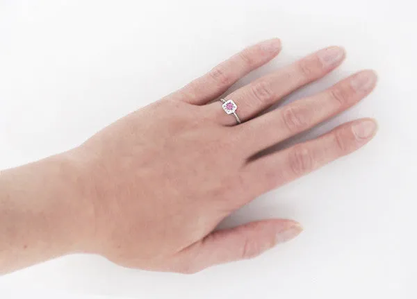 Art Deco Engraved 1920's Square Top Filigree Pink Sapphire Engagement Ring in 14 Karat White Gold