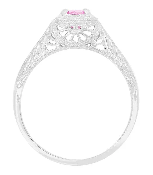 Art Deco Engraved 1920's Square Top Filigree Pink Sapphire Engagement Ring in 14 Karat White Gold