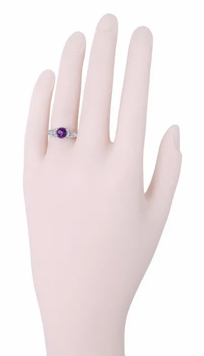 Art Deco Filigree Engraved Amethyst Promise Ring in Sterling Silver